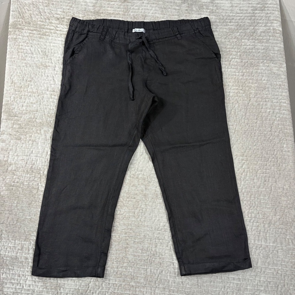Allen Allen Black 100% Linen Cropped Drawstring Pants LL103468-N Womens Large